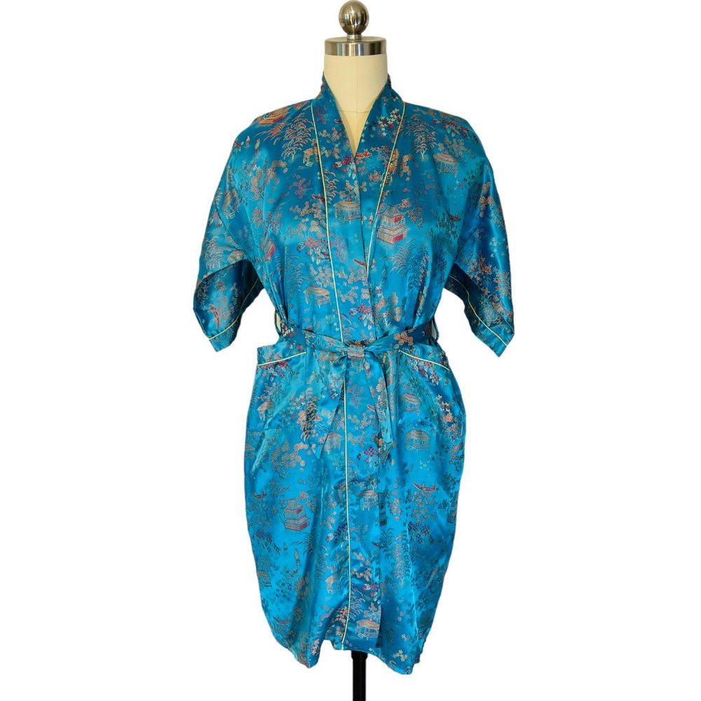 Vtg Peony Shanghai China Turquoise Robe Satin Floral Pagoda SS sz 12 XS/S EUC!